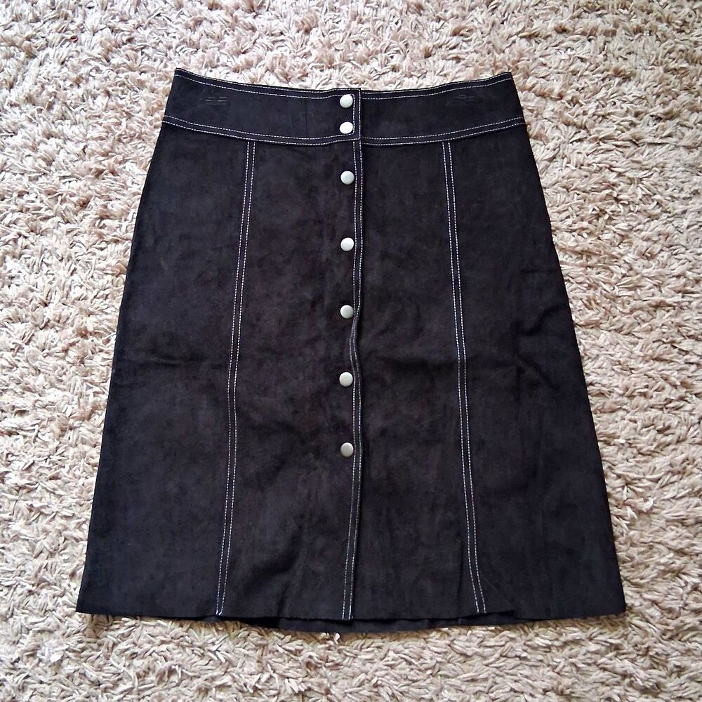 Theory Black Suede Leather A-Line Knee Length Button Front Skirt Solid Size 4
